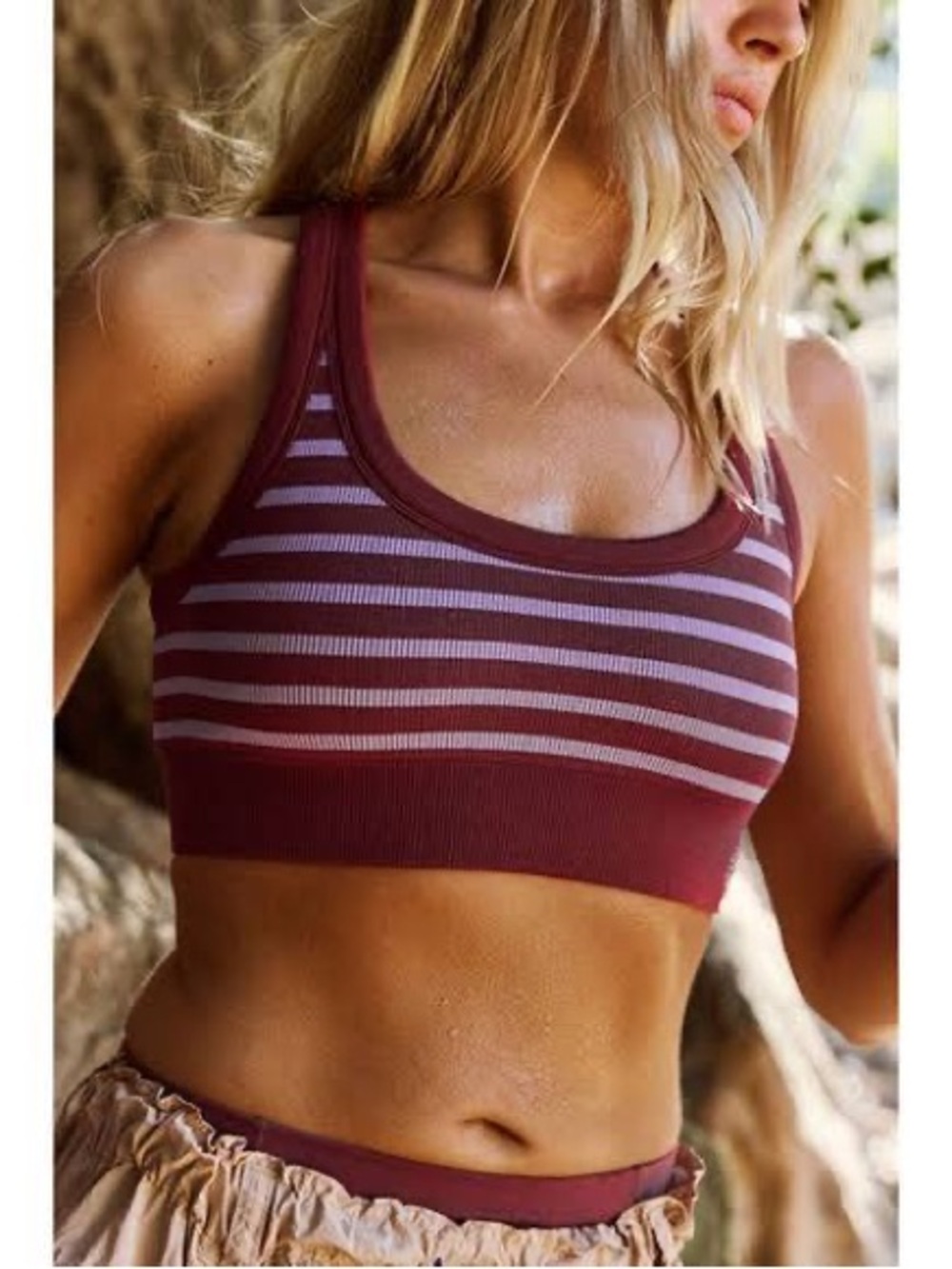 FP Movement Striped Seamless Sports Bra - Burgundy/Light Pink